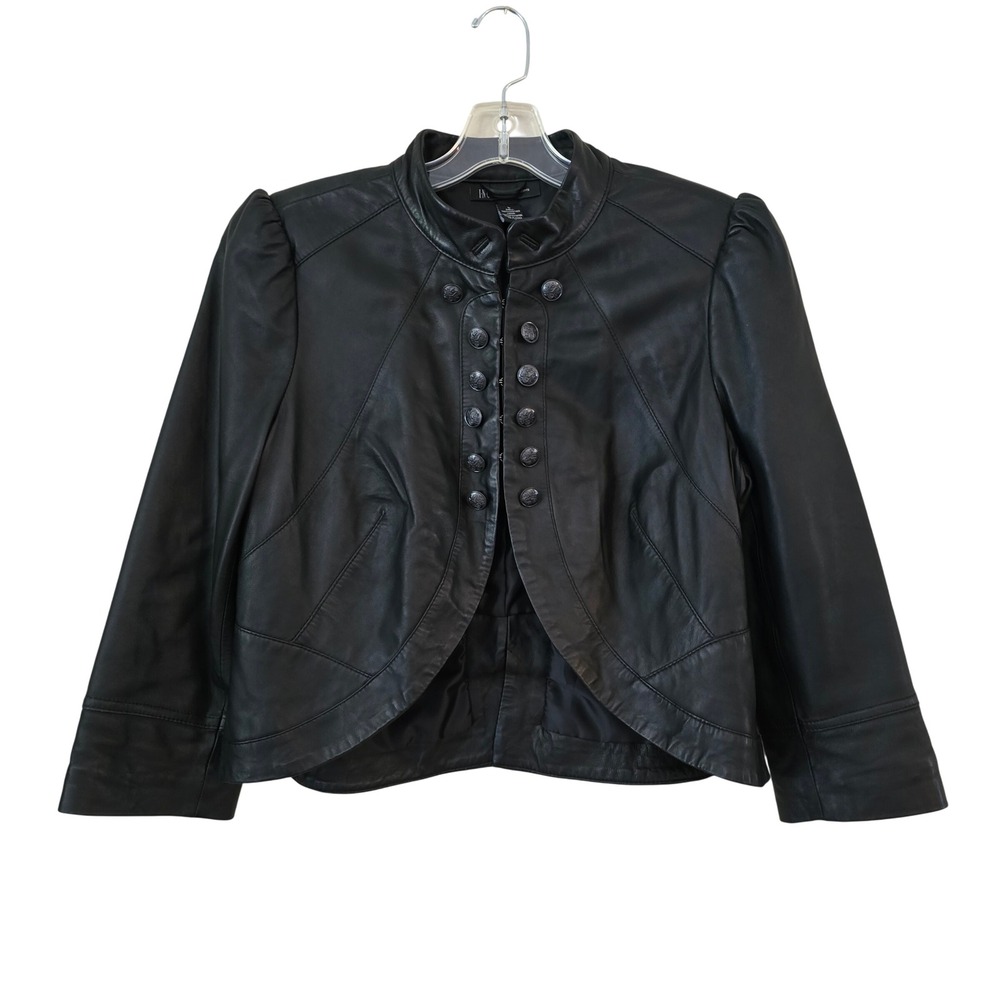 INC International Concepts Black Leather Military Jacket Puff Shoulder Cropped L